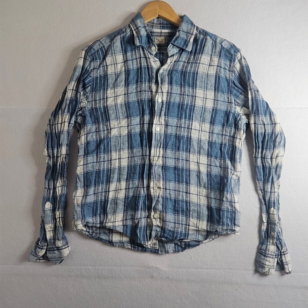 Xacus Evolution Fit Blue White Plaid Linen Button Down Shirt Mens 15.75 40